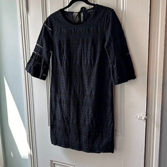 J Crew Shift Dress Womens 2 Black Bell Sleeve Cotton Lined Boho Tie Back - Picture 1 of 10